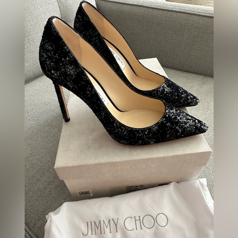 Jimmy Choo Romy 100 Anthracite Black Velvet Glitter NWT